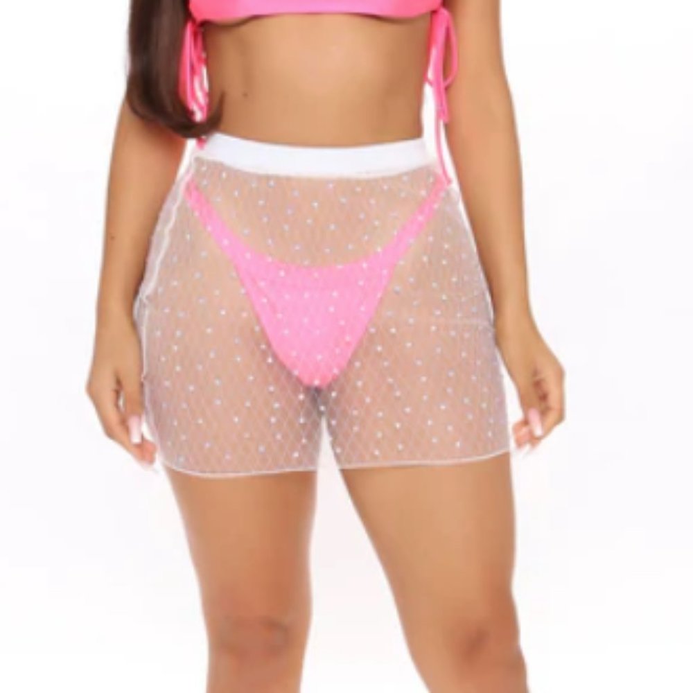 White Rhinestone Swim Cover Up Skirt